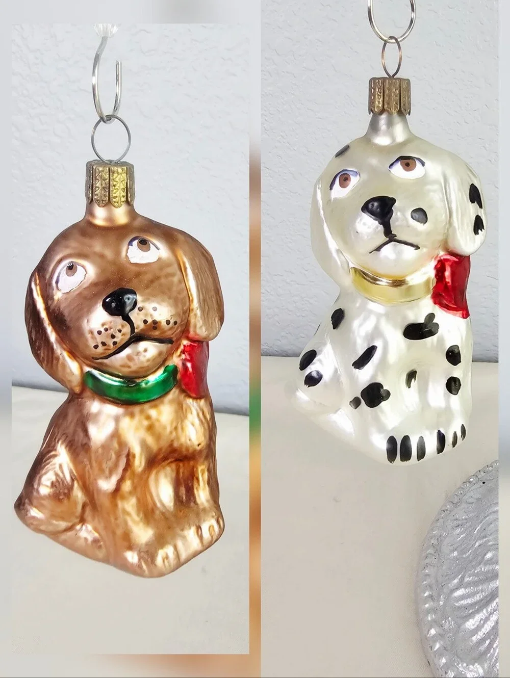Vintage Hand Blown Glass Dog Ornament Set Dalmatian Spaniel Boxed Christmas